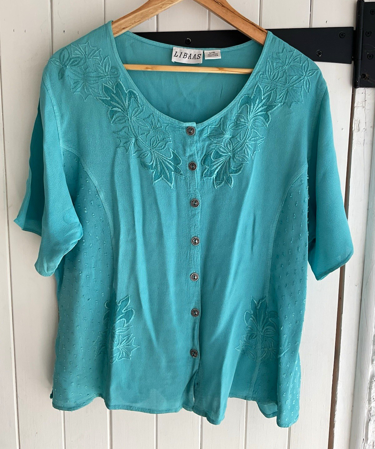 LIBAAS Turquoise Embroidered Button Front Chiffon Blouse Round Neck L/XL