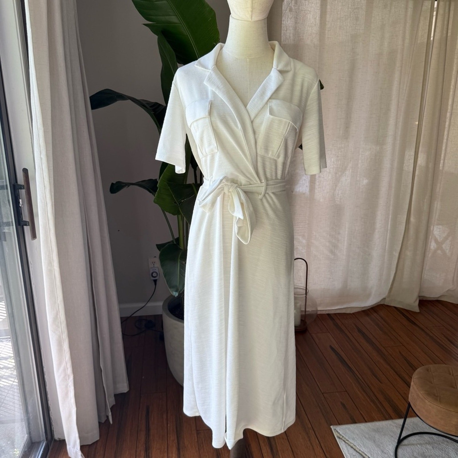 🤍 Cream Short Sleeve Collared Utility Midi Dress – Size US 2 / UK 6