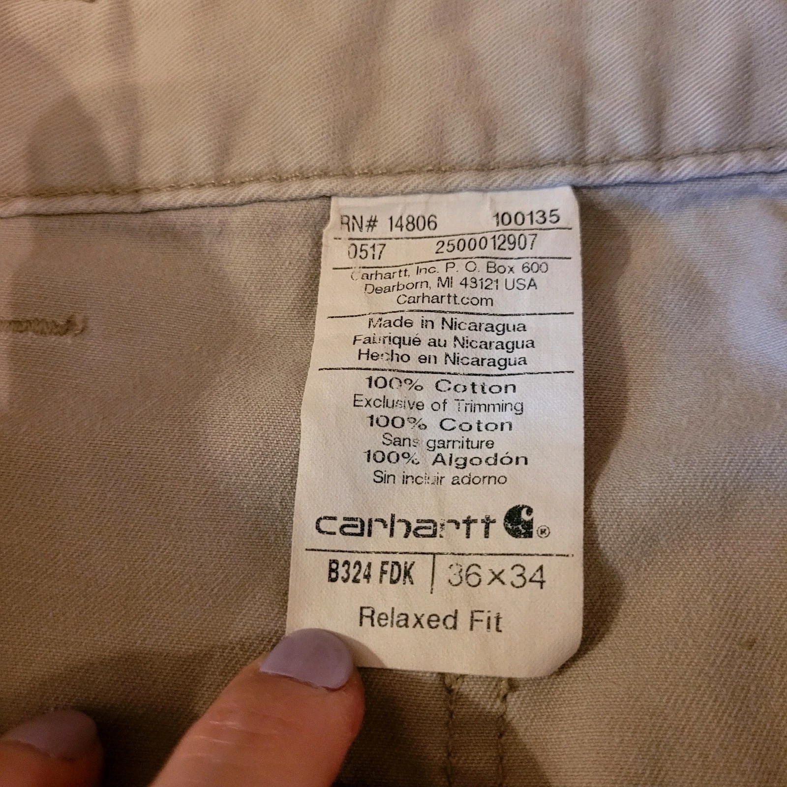 Carhartt B324 FDK Men’s Relaxed Fit Canvas Work Pants Beige Cotton 36×34
