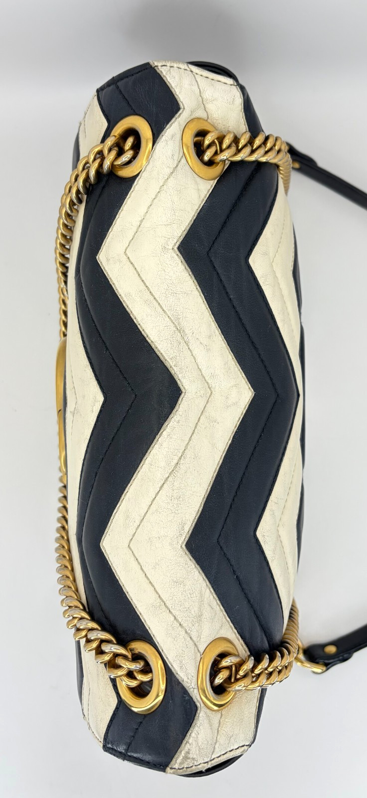 GUCCI GG Marmont Black White Chevron Shoulder Bag Matelasse Chain Crossbody