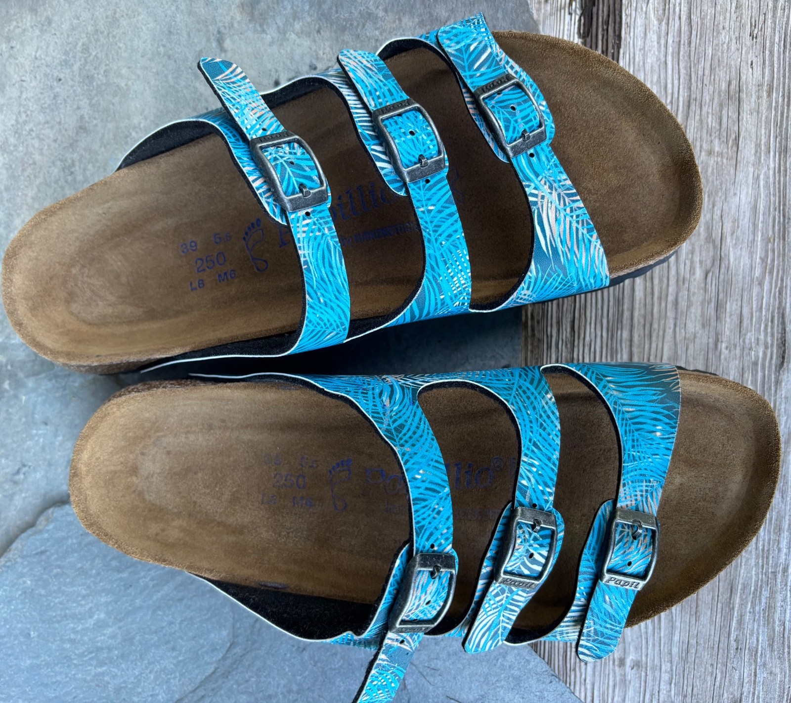 PAPILLIO x Birkenstock ‘Florida’ (39/8) Tropical Leaf Blue Birko-Flor Sandals