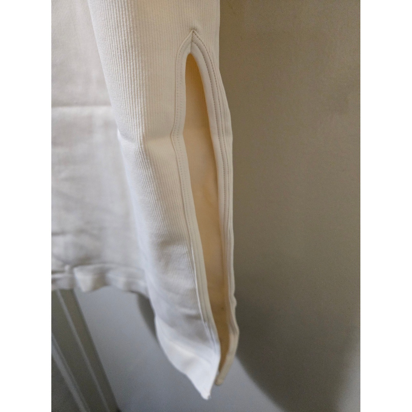 OQQ Cream Ribbed Zip Front Bodycon Midi Dress Long Sleeve Side Slit NWOT
