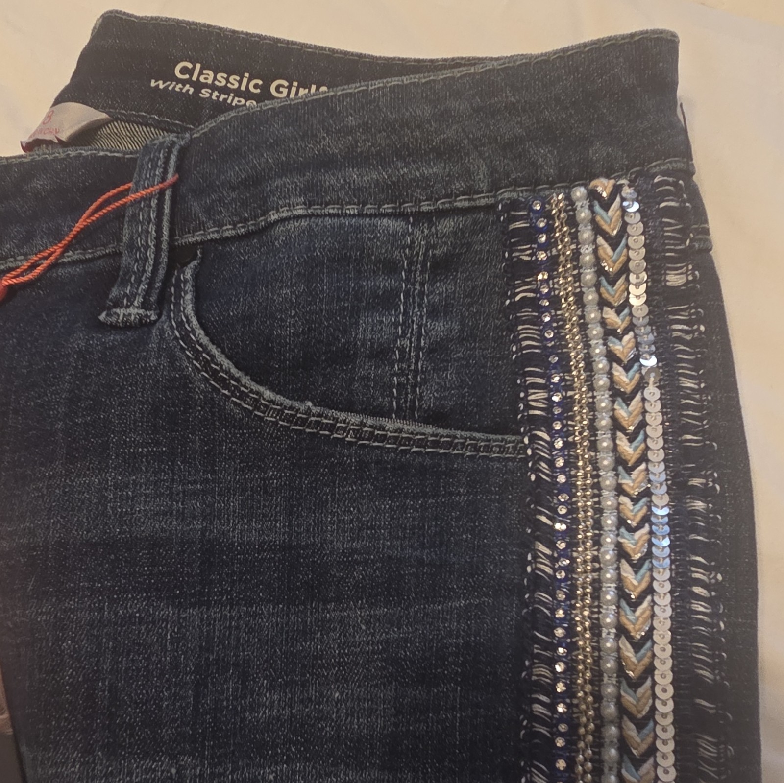 Laurie Felt Women’s Dark Wash Blue Denim Jeans Embellished Stripe Size 8