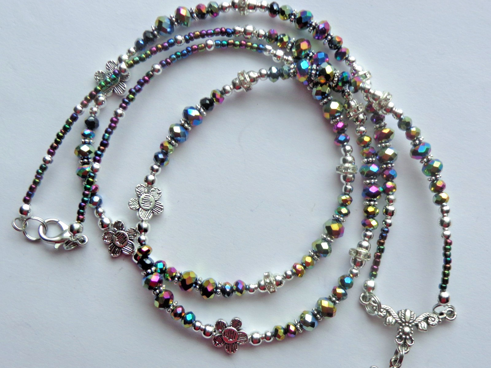 IRIDESCENT IRIS CRYSTAL BEADS BEADED LANYARD ID BADGE HOLDER LOBSTER CLASP