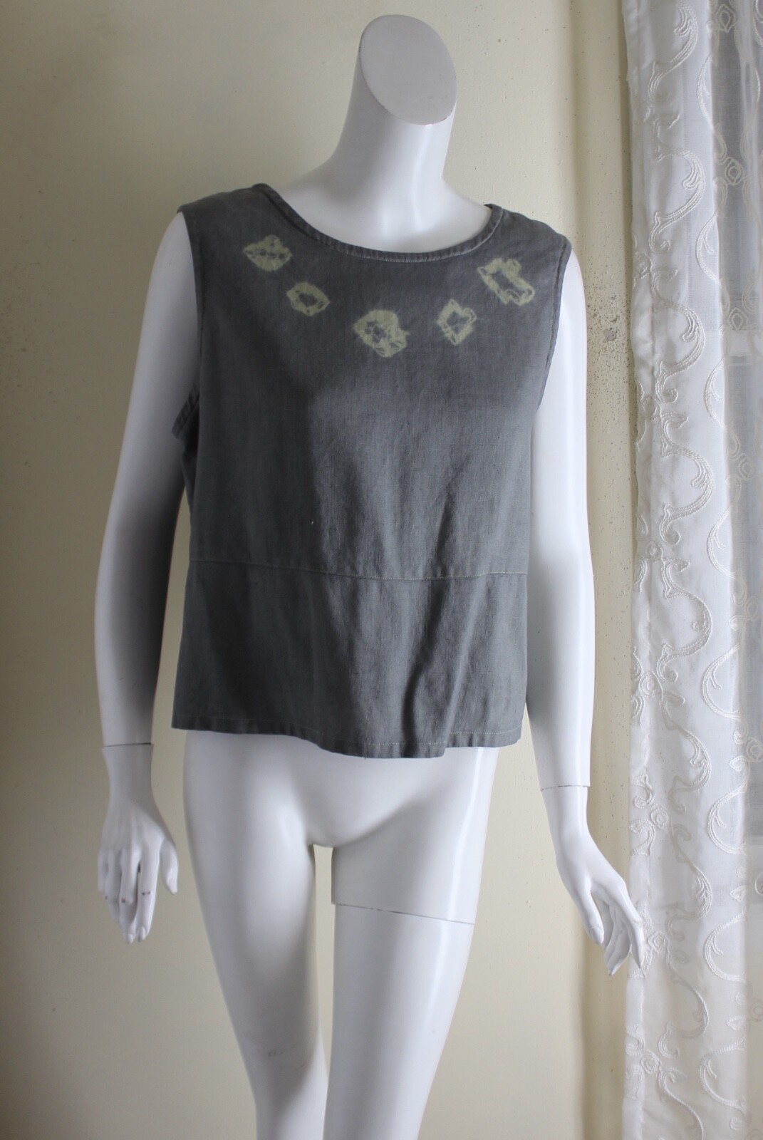 J.jill -Sz L Vintage Linen Shibori Dyed Blue-Green Tank Shell Blouse Top 20.75″L