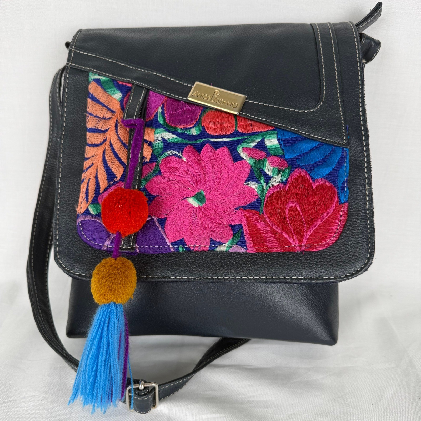 Angelozano Mexican Leather Crossbody Bag Floral Embroidered Tassel Black Boho