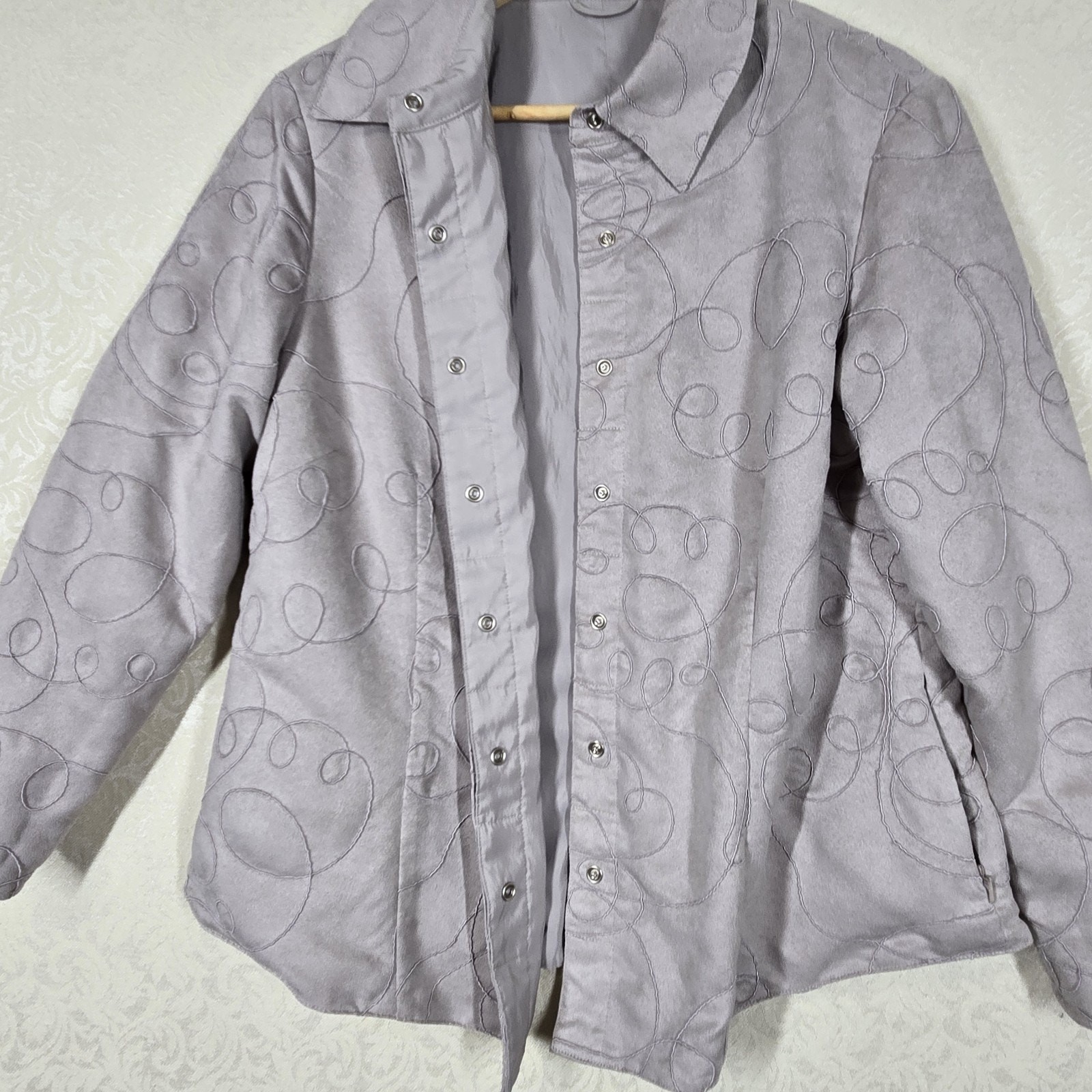 Mycra Pac Life Jacket sz S/M Gray Faux Suede Snap Front Zip Pockets Lined