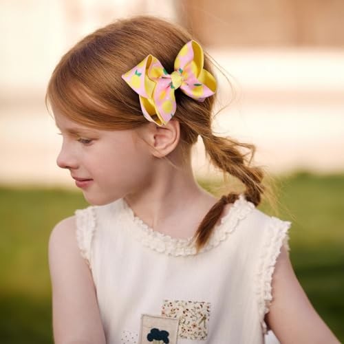 2Pc Ribbon Hair Bow Clips 4.3″ Tropical Fruit Alligator Barrettes Lemon