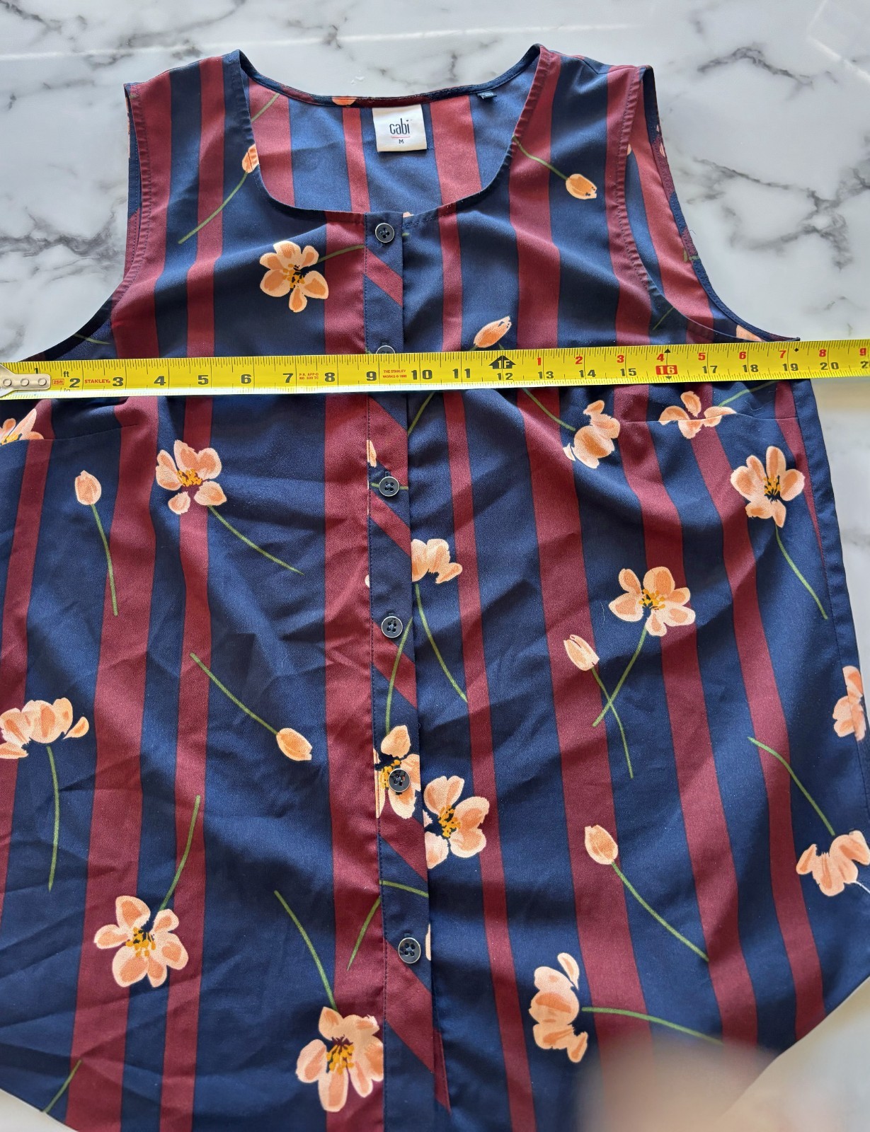 CAbi Navy Burgundy Stripe Floral Sleeveless Button Front Blouse Size M