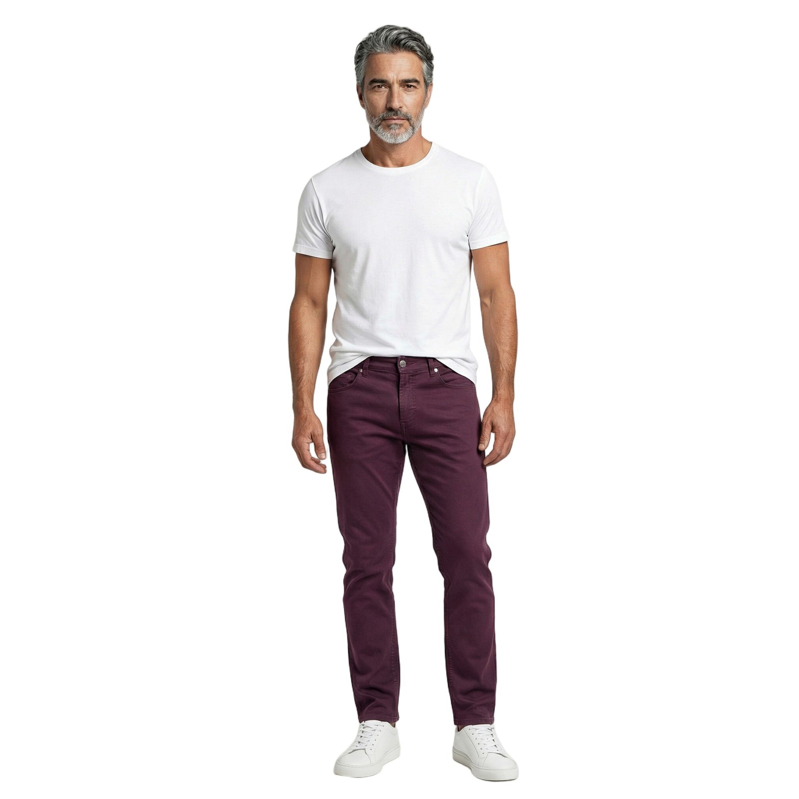 BRUNELLO CUCINELLI MEN’S BURGUNDY DENIM FIVE-POCKET TROUSERS MSRP $865