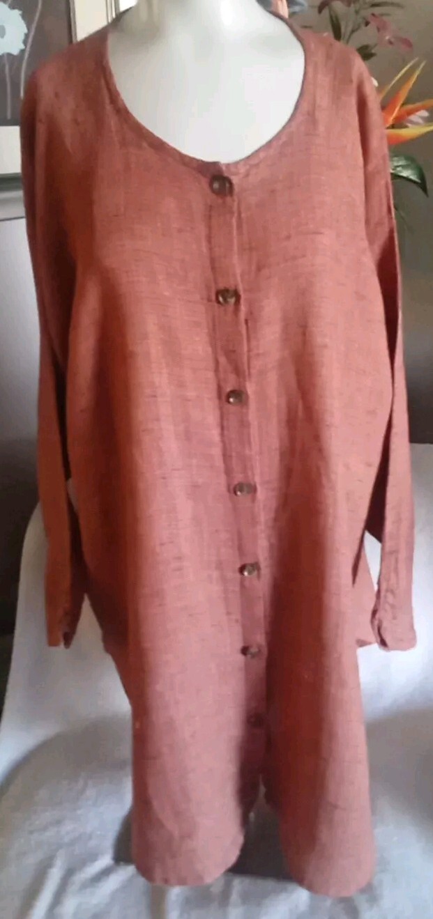 Flax Heathered Orange Button Down Ruched Cuff Linen Tunic Top Sz L