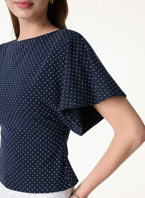 Soft Stretch Cotton Boatneck Flutter Sleeves Polka Dot Top Limited Edition, Red
