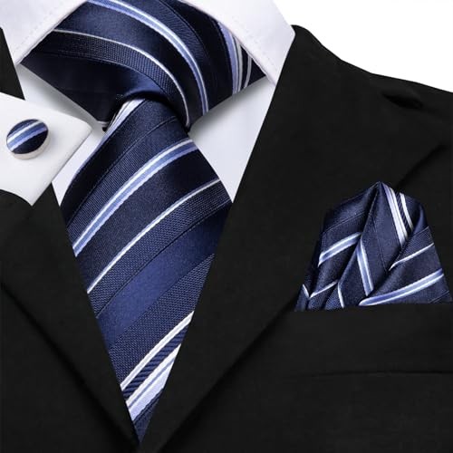 Men 63inches Tie Set Extra Long Necktie Paisley Tie Dark Blue White Striped