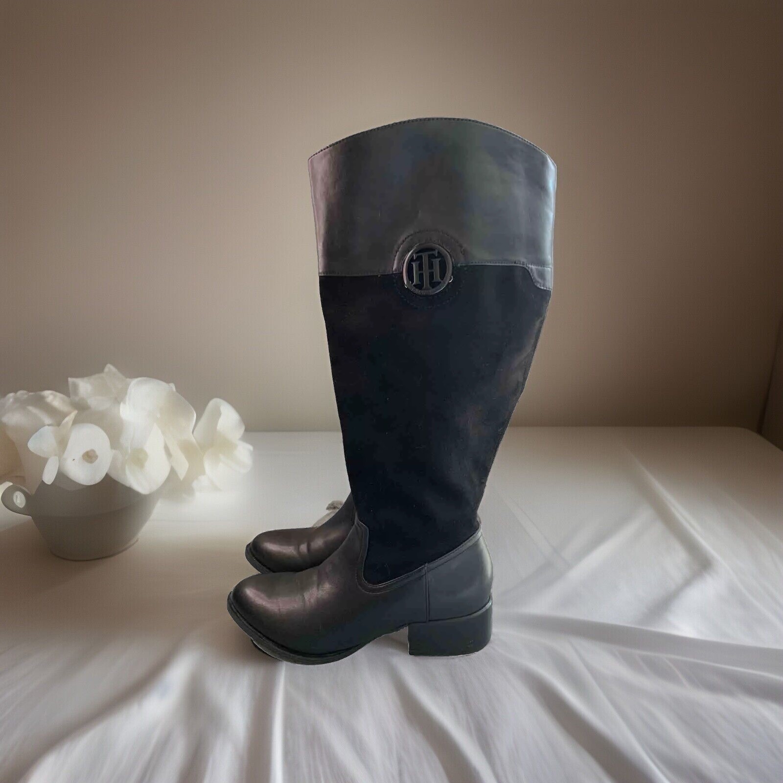 Tommy Hilfiger Riding Boots Womens 7.5M Black Leather Suede Knee High Logo Block