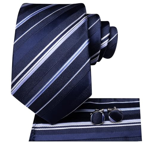 Men 63inches Tie Set Extra Long Necktie Paisley Tie Dark Blue White Striped
