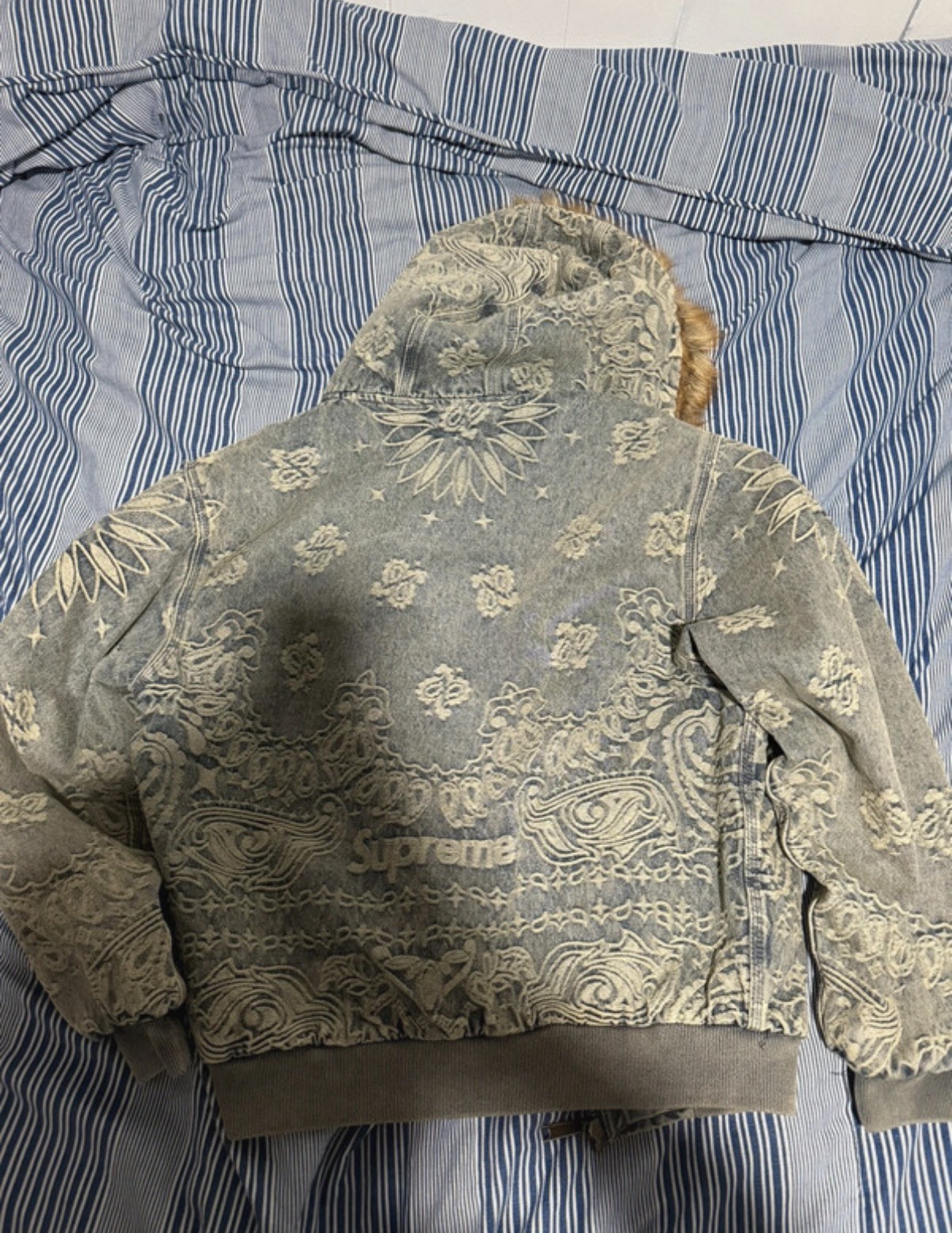 Supreme Bandana Jacquard Denim Jacket Fur Trim Full Zip Men’s Size S