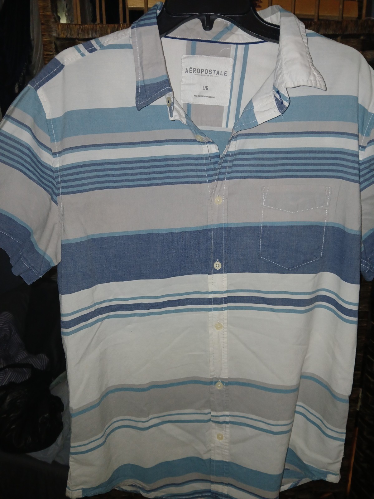 Aéropostale Men’s L/G Blue/White/Gray Striped Collared Button-Up Shirt Pockets