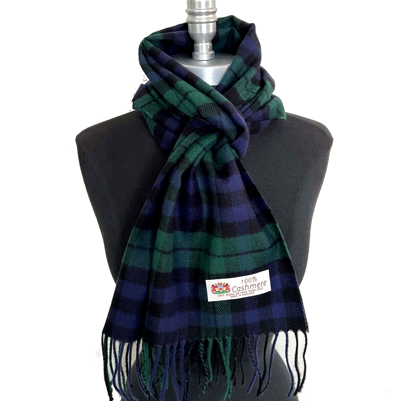 100% CASHMERE SCARF Made in England Soft Wool Wrap Plaid Green/Black/Navy #L101