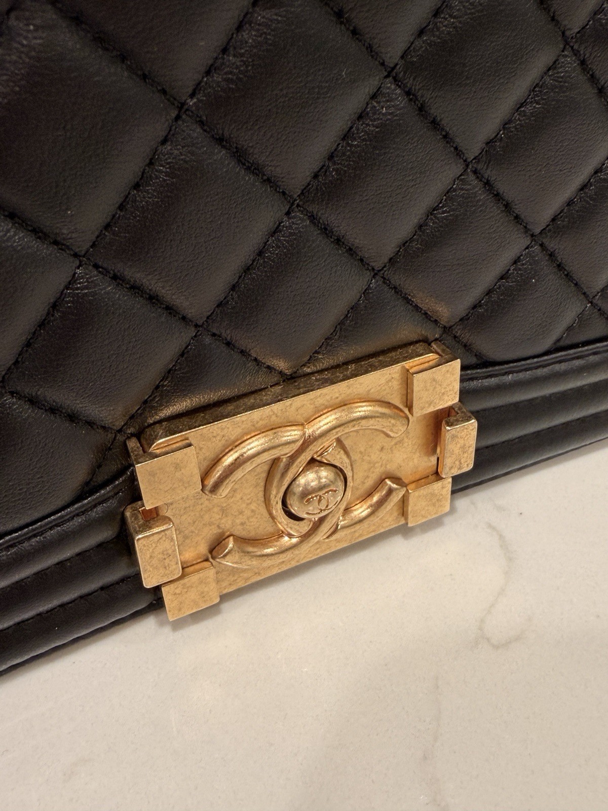 Exceptional CHANEL Boy Gold Hardware Quilted Shoulder Bag Medium Black Leather