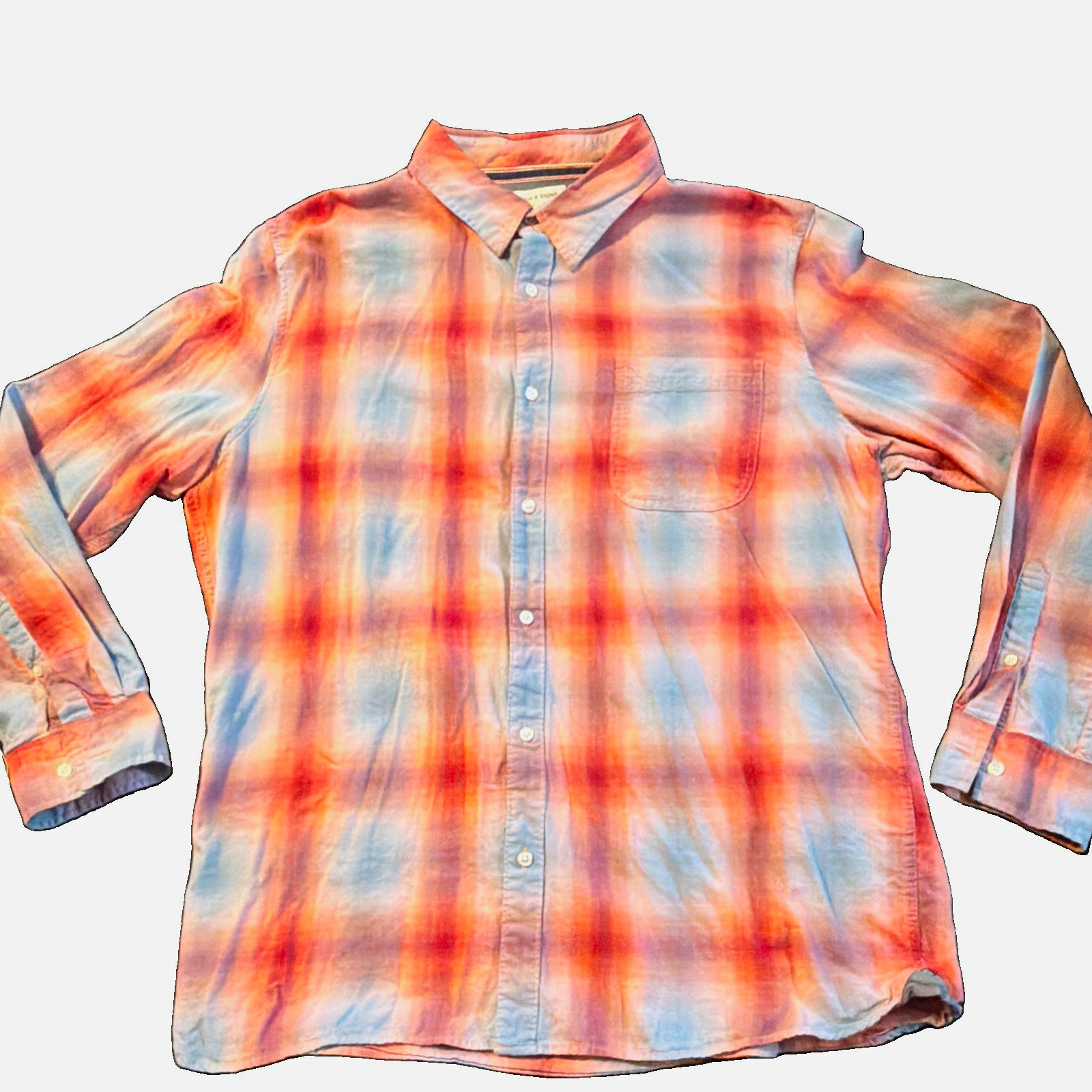 Sun + Stone Regular Fit Blue/Orange Plaid Button-Up Shirt Pockets XXL