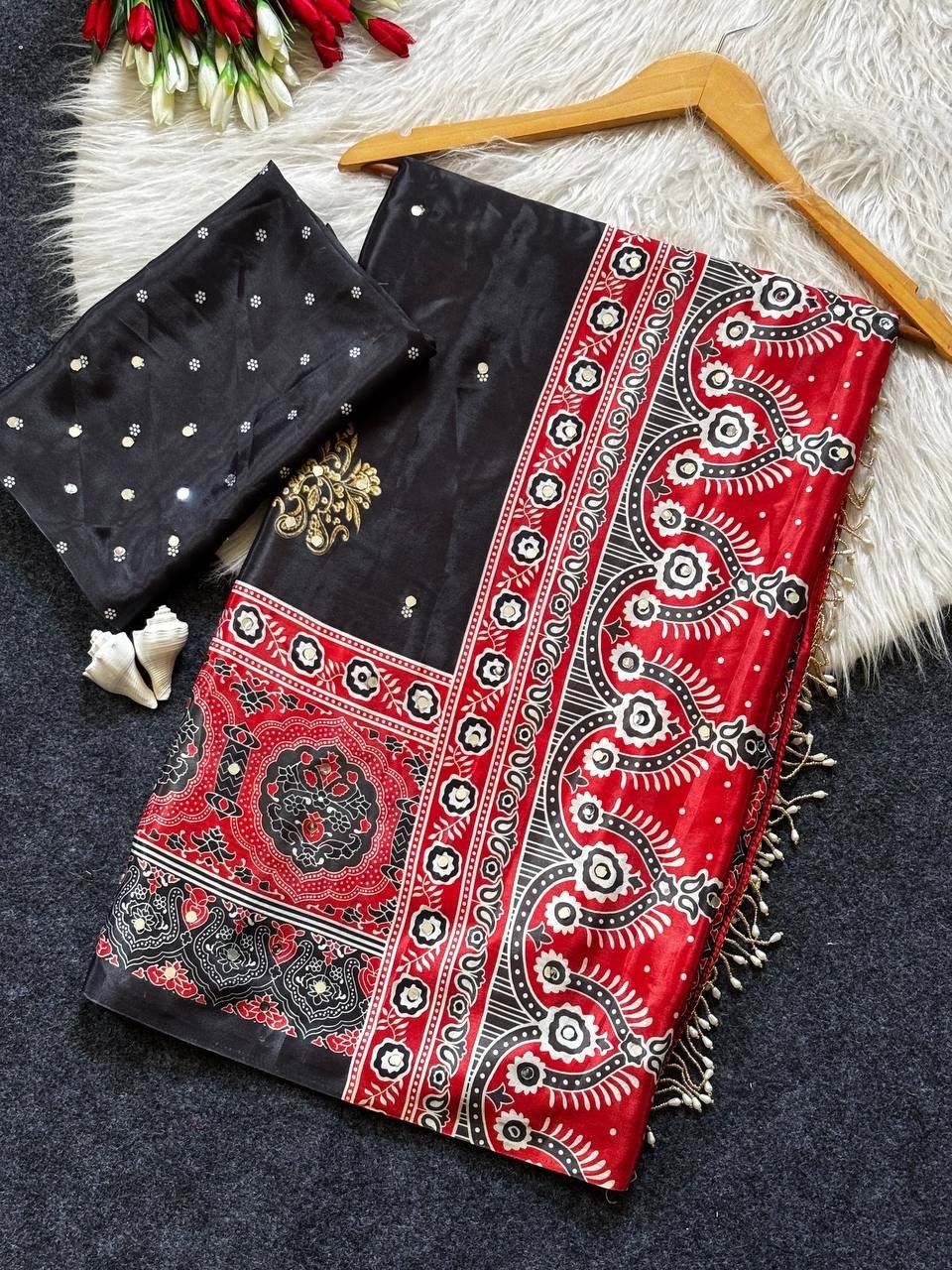 Designer Ajrakh Print Saree Blouse Mirror Work Tassel Pallu Ethnic Party Wear