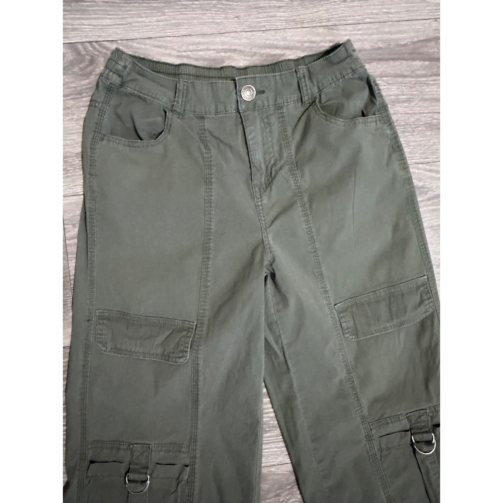 Girls Olive Green Wide Leg Cargo Pants D-Ring Drawstring Size 10 Hiking Y2K