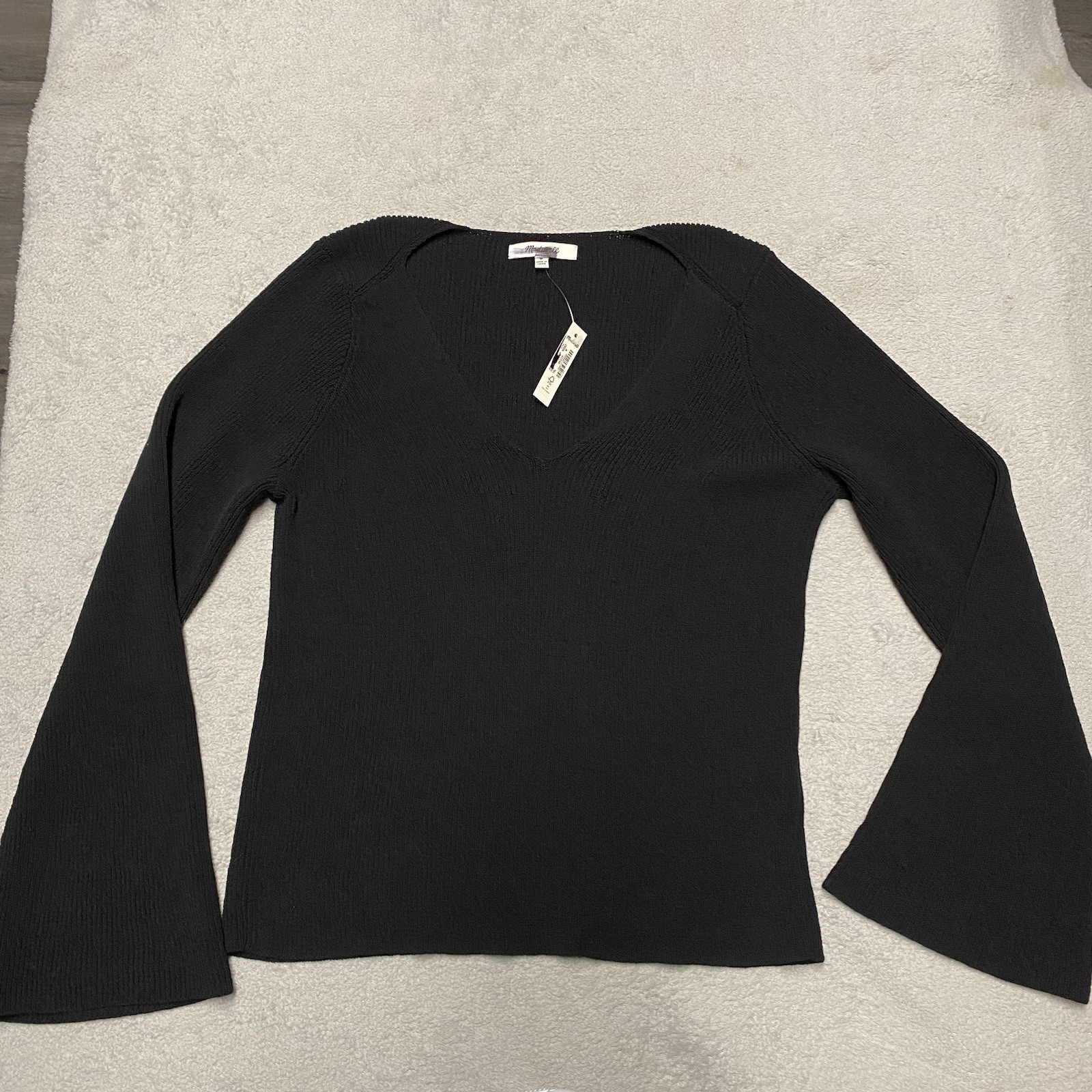 Madewell Sweater Medium Black V Neck Flare Sleeve Knit Cotton Polyamide NEW