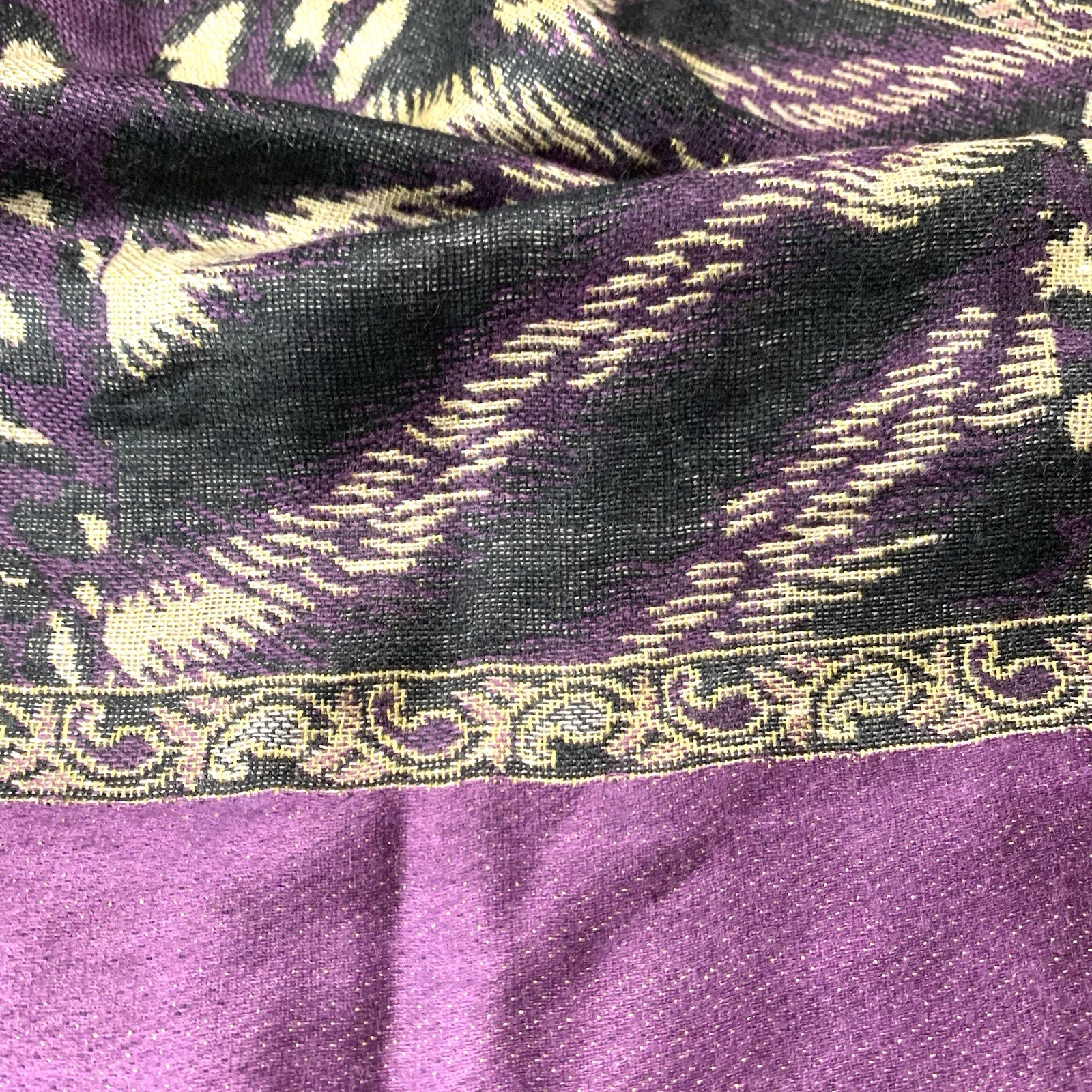 100% Pashmina Purple Black Geometric Fringe Animal Print Scarf Shawl 68″X26″