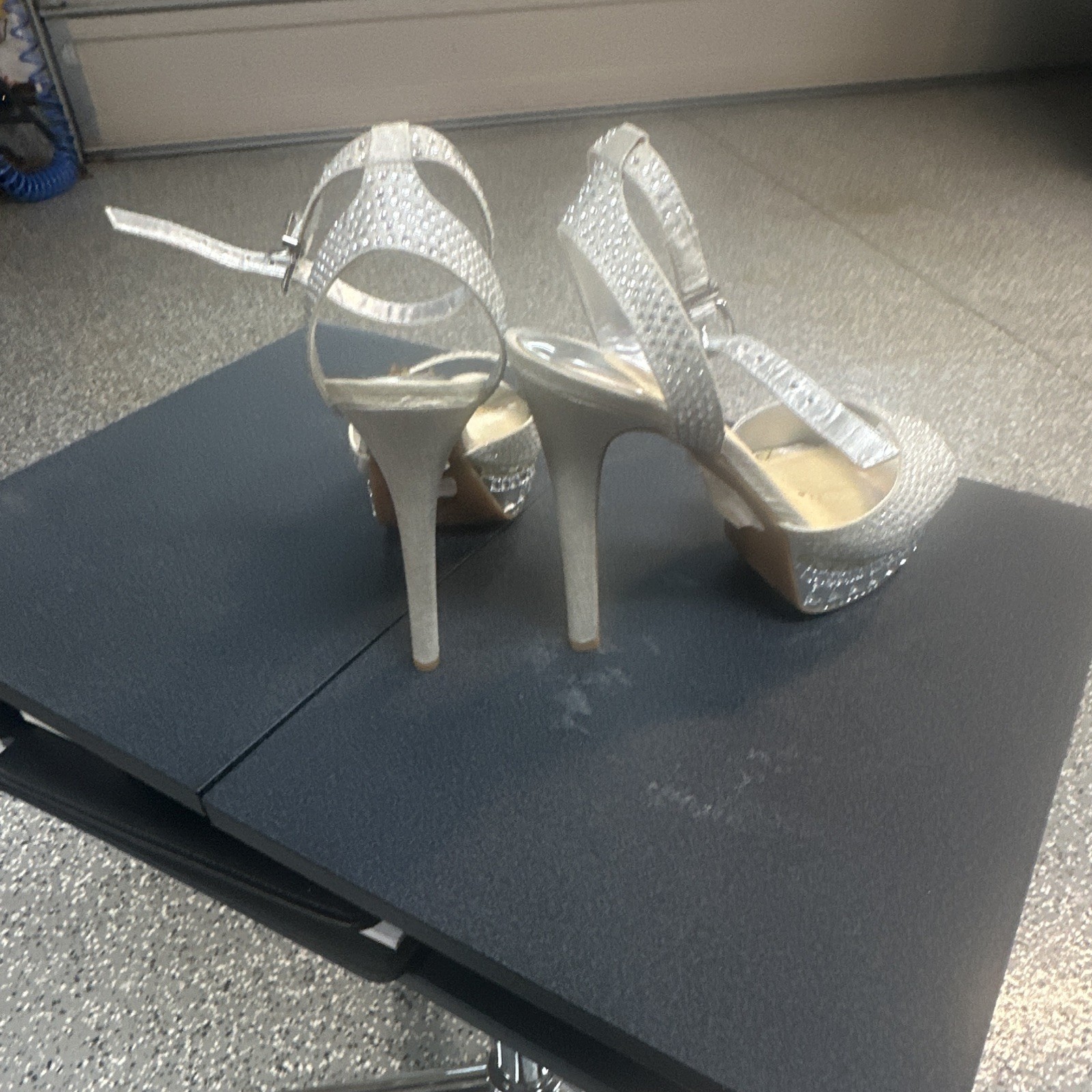 Gianni Bini Silver Rhinestone Ankle Strap Open Toe Stiletto Buckle Heels