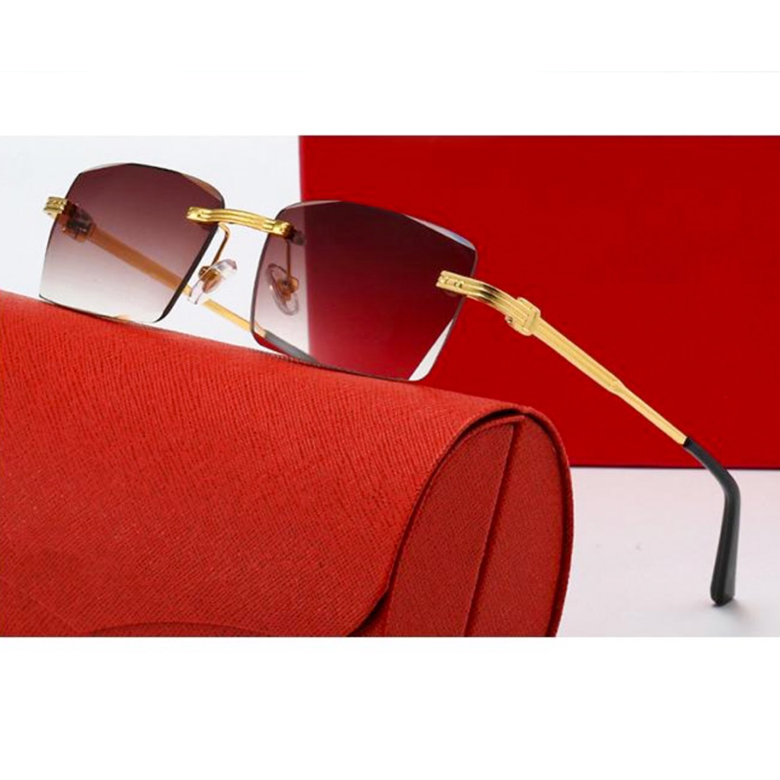 Rimless Gold Wire Frame Luxury Brown Gradient Tint Hip Hop Shades Sunglasses