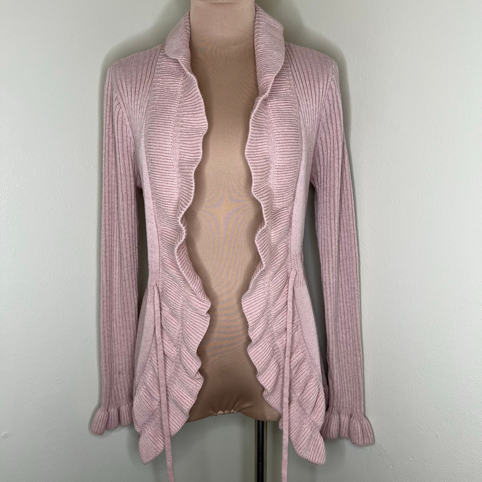 Cache Wool Blend Cardigan S/M Women Pink Angora Tie Front Ruffle Chunky Rib Knit