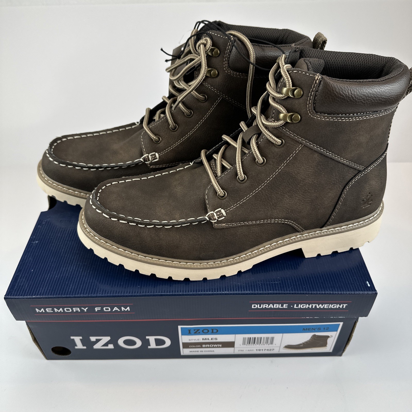 Izod Men’s Boots Miles Brown Size 12 Lace Up Memory Foam Comfort New NIB