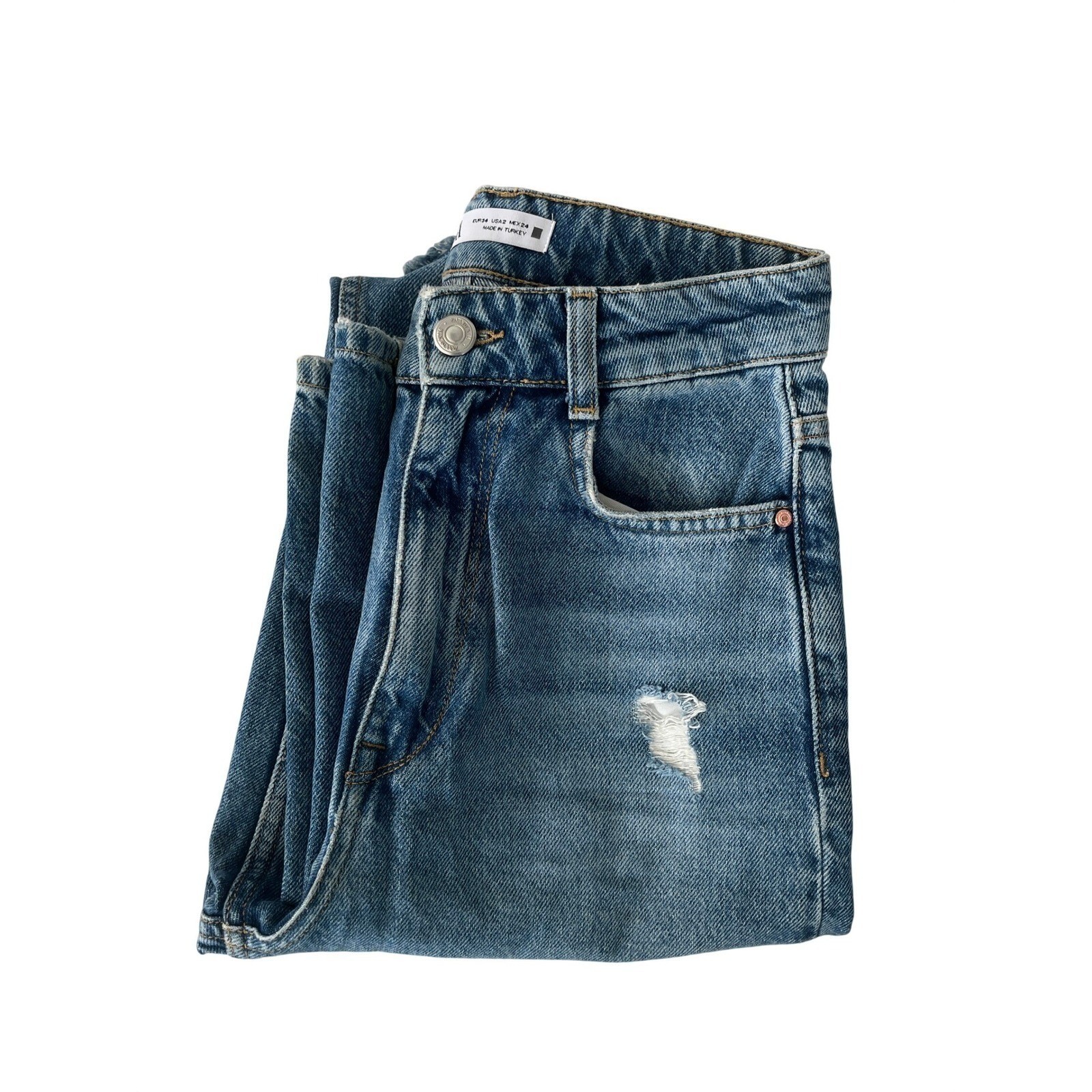 ZARA High Waist Straight Leg Distressed Blue Jeans 2 26×33 Tall 90s Grunge Y2K