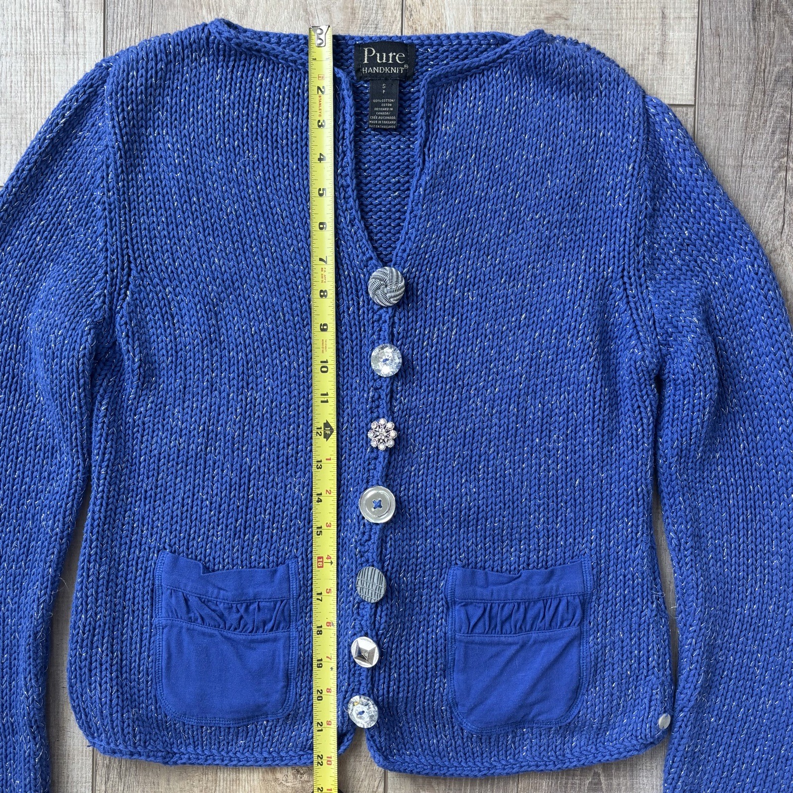 Brooch Button Handknit Womens Cotton Cardigan Size SP Blue Granny Cottagecore