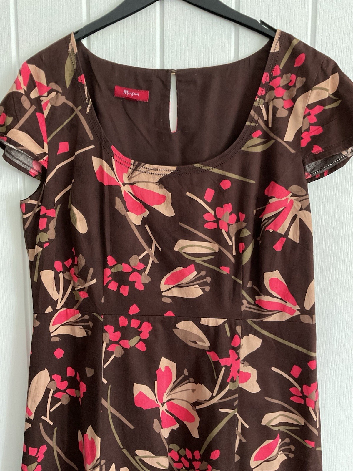 Monsoon Size 16 Brown & Pink Floral Print Cotton Lined Dress VGC See details