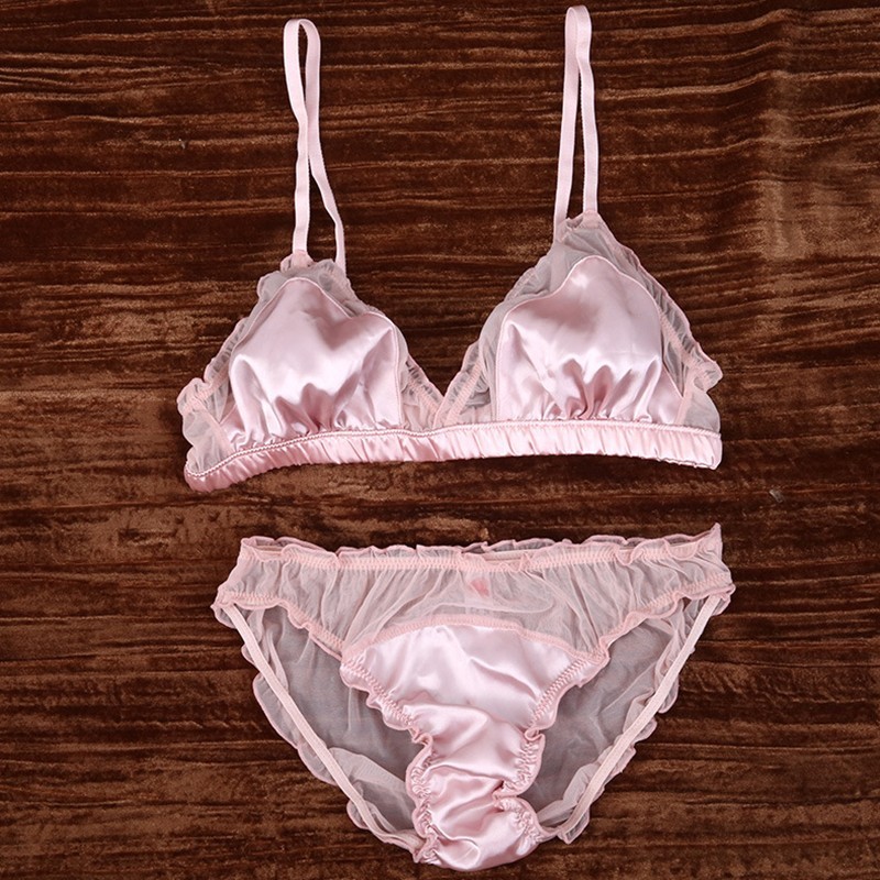 Japanese Sweet Girls Womens Bra Set Sheer Panties Briefs Faux Silk Underpants