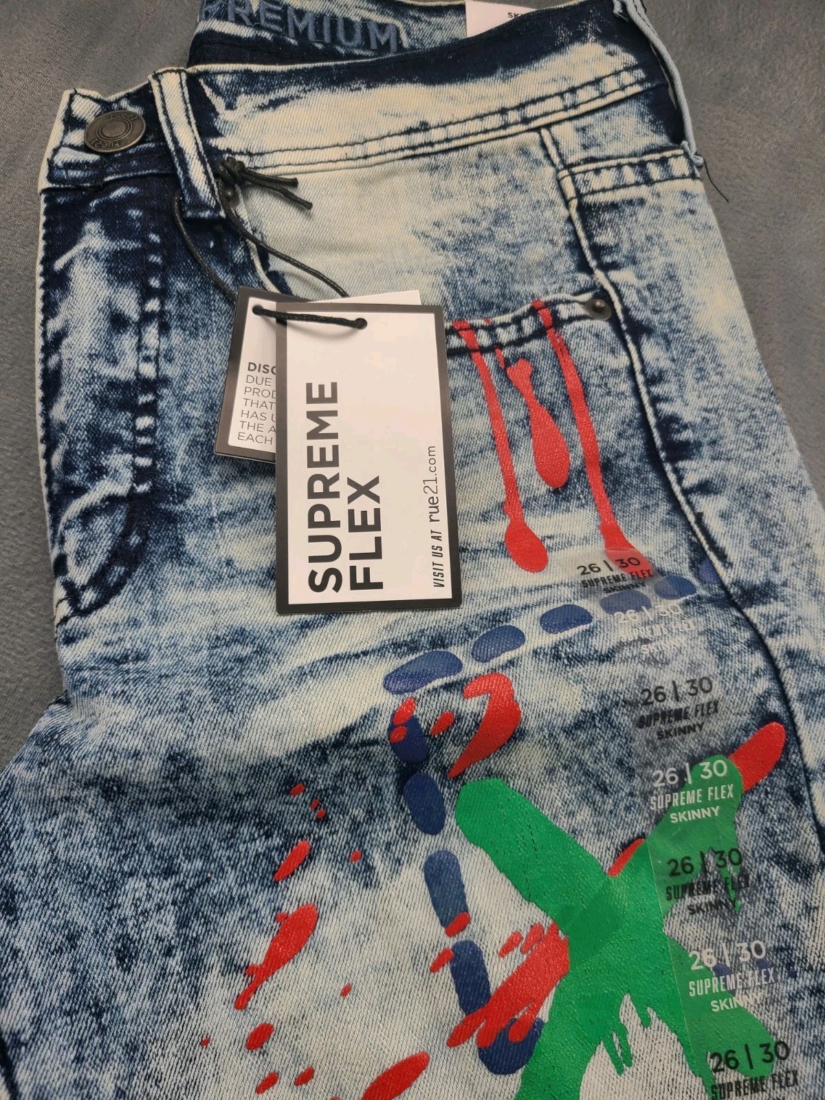 Rue 21 Premium Men’sBlue Design Patch Distressed Jeans Skinny Fit Jean 34×34 NWT
