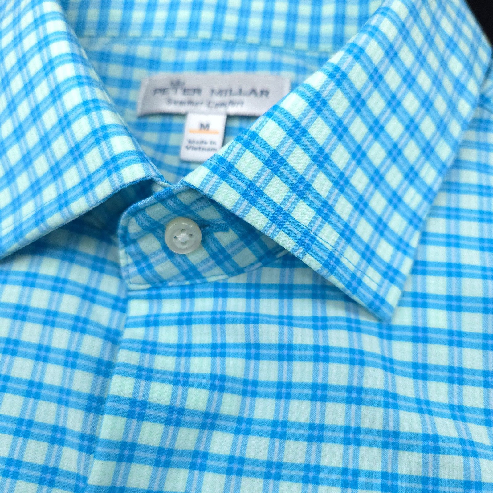 Peter Millar -Summer Comfort Button Shirt -M Aqua Blue Short Sleeve Nylon Poly
