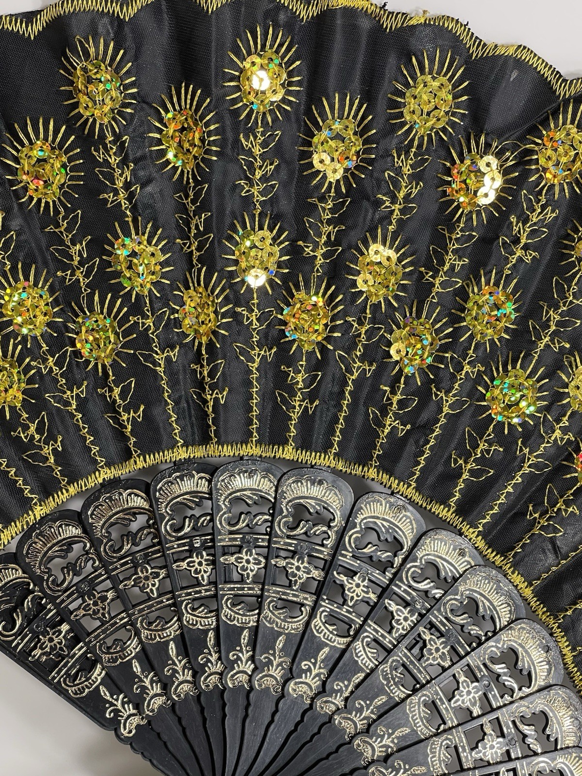 Black and Gold Victorian Style Fabric Plastic Hand Fan Cocktail Accessory
