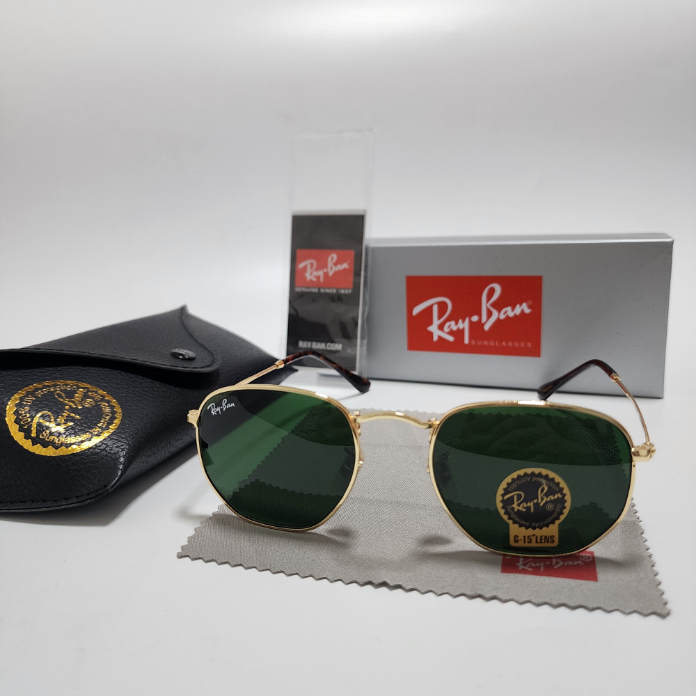Ray-Ban RB3548N Hexagonal Sunglasses Gold Frame Glass Green Lens 51-21 mm
