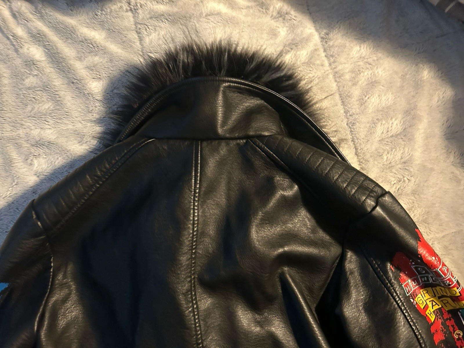 Copper Rivet Moto PU Leather Jacket Black Mens XLarge Removable Fur Graphic