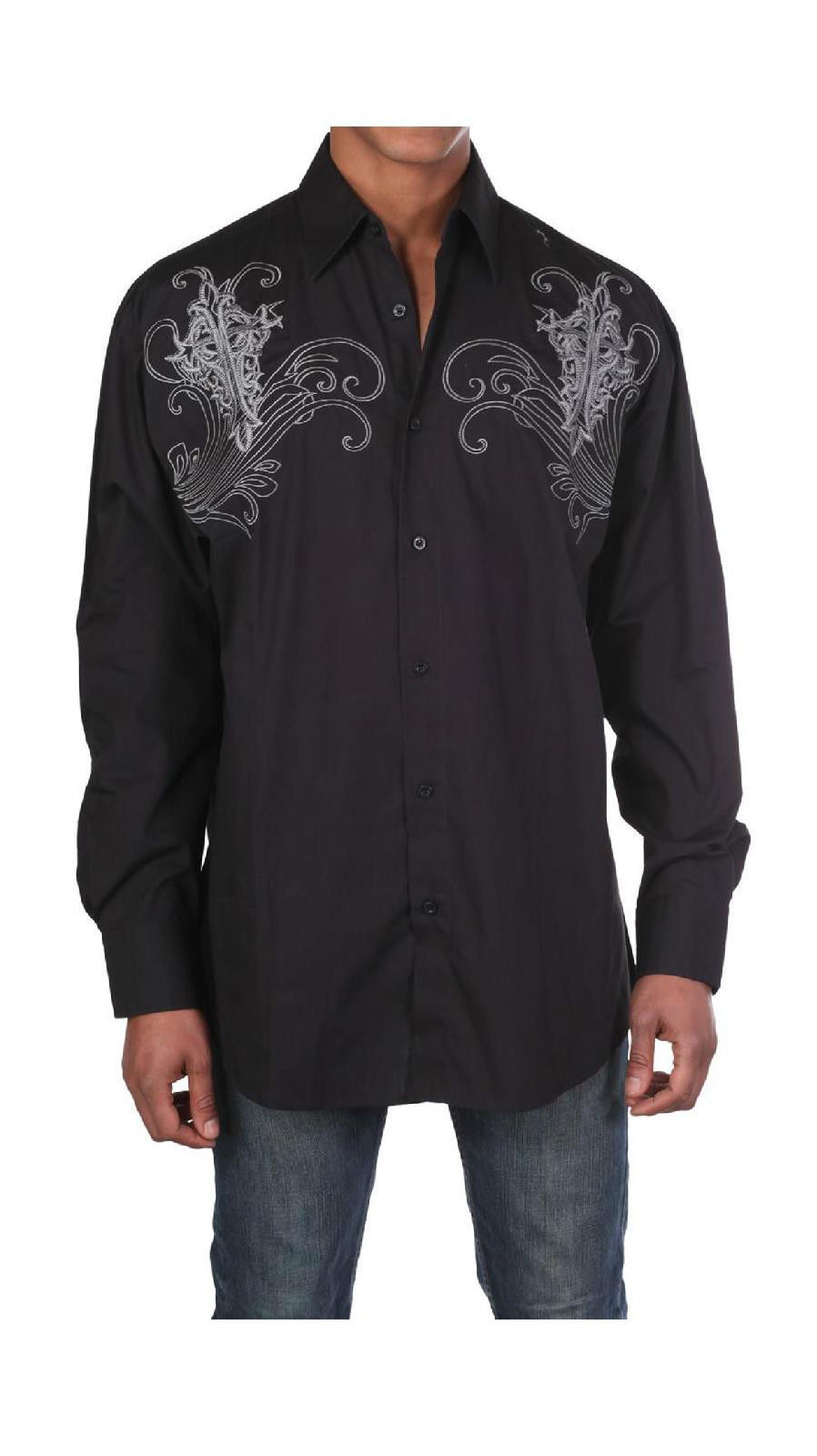 Men’s Western Cotton Embroidered Casual Shirt #42 Black White & Red