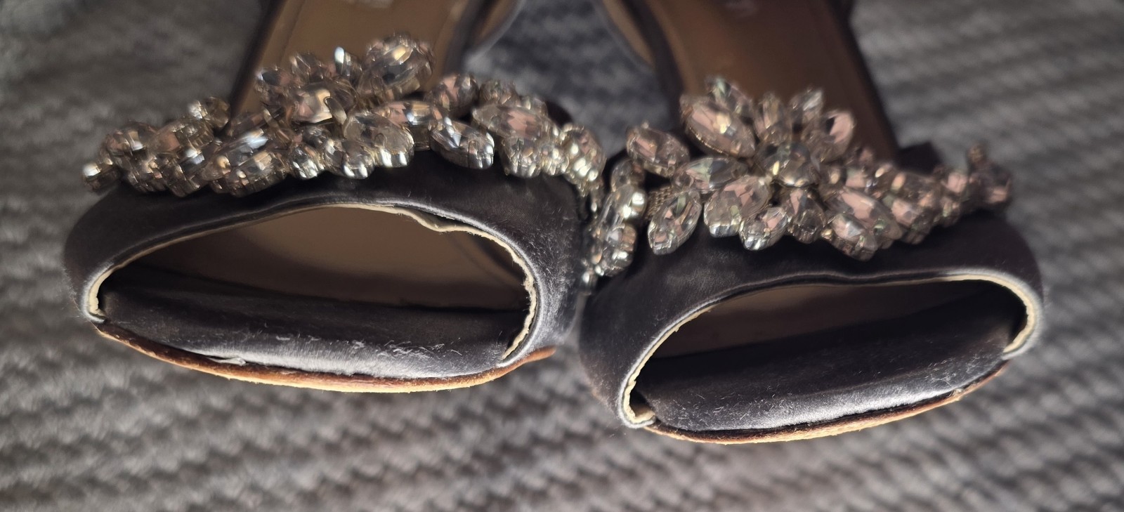 David Tutera Women’s Gray Satin Open Toe Wedge Heels with Rhinestone Accents