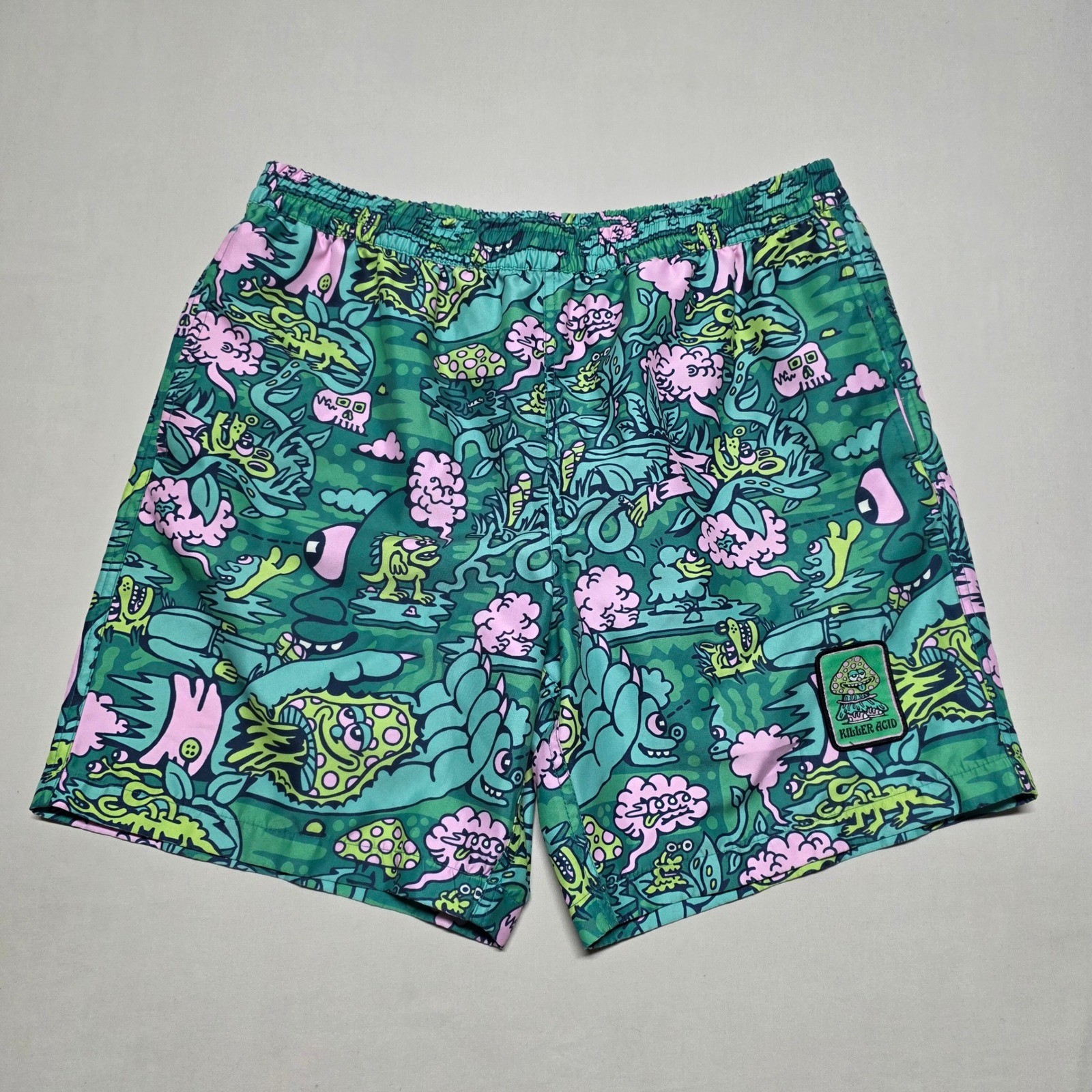 Killer Acid Mens Large Green Pink Cartoon Monster Graphic Swim Trunks Shorts