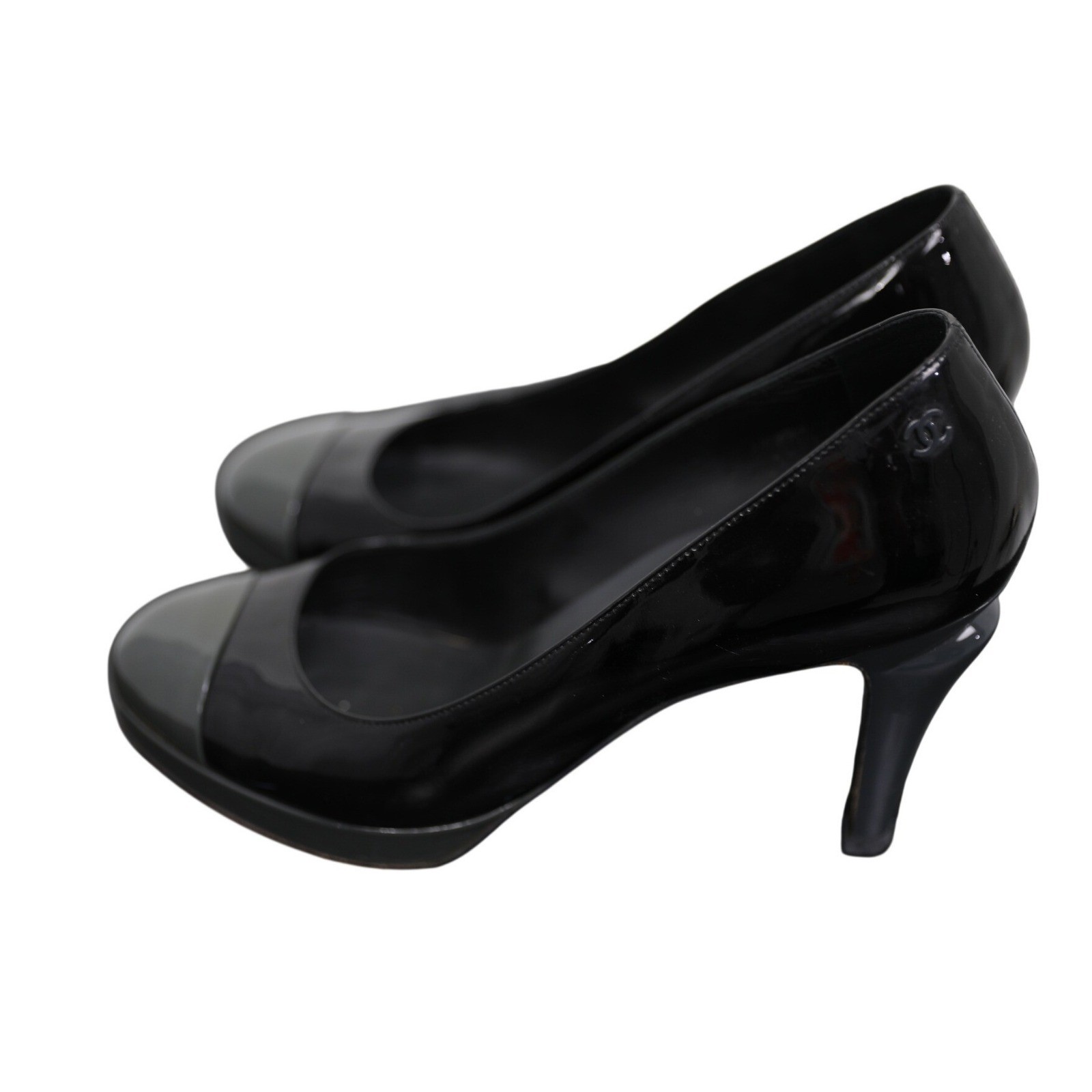 Chanel Black Patent Leather Grey Cap Toe Platform Pumps Heels G26144 Size 39.5