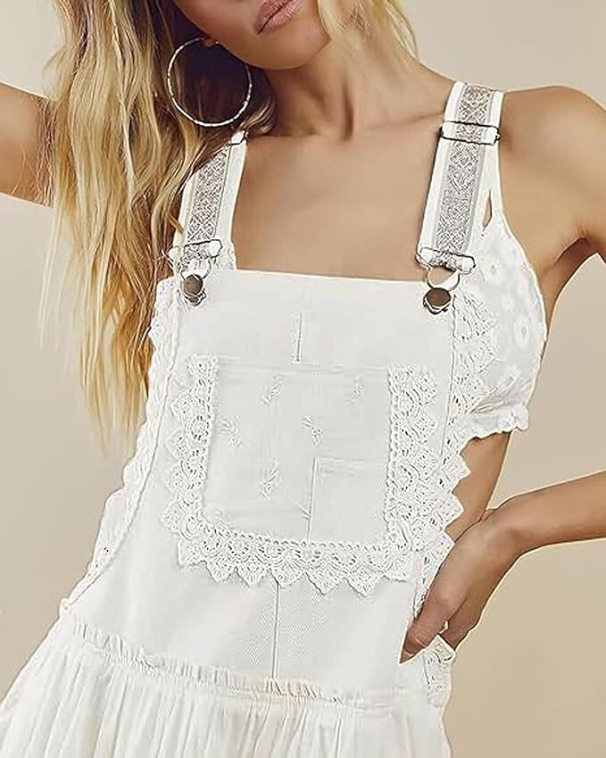 Women’s Laced Embroidered Tulle Bib Dress Casual Loose Adjustable Straps Maxi