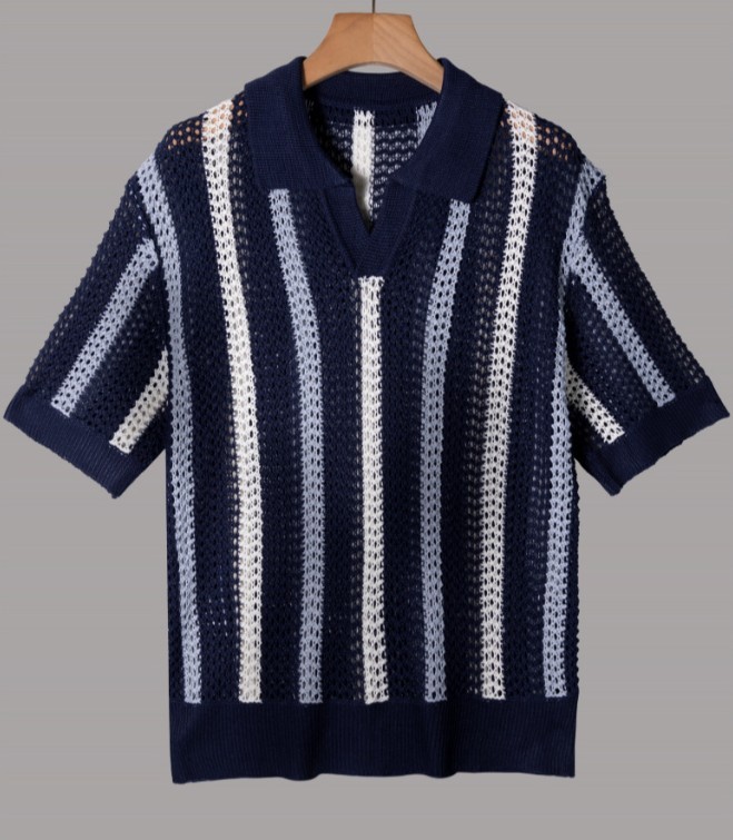 Men’s V-Neck Collared Knit T-Shirt Hollow Out Striped Short Sleeve Tee