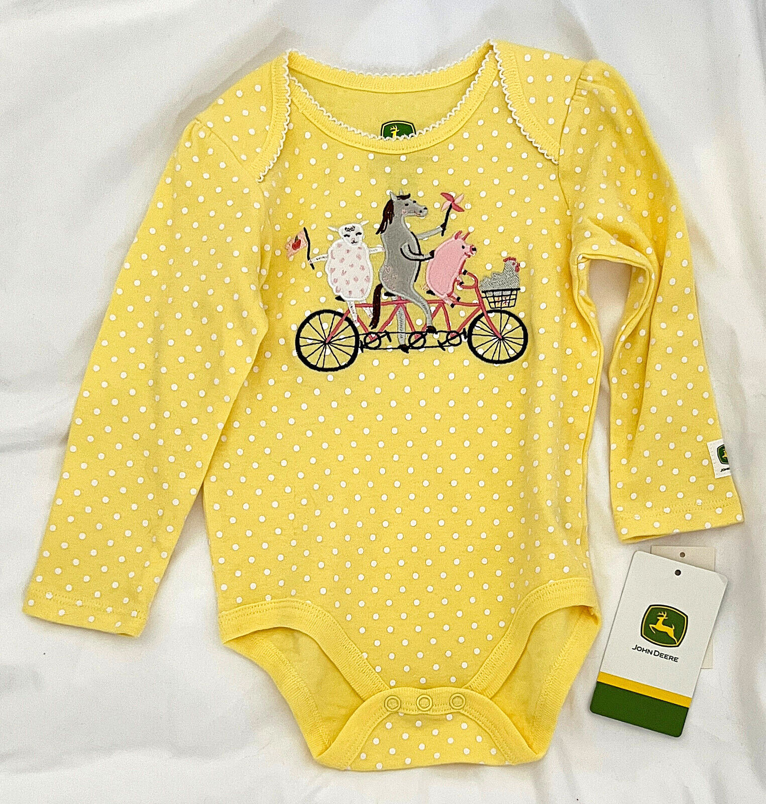 NEW NWT John Deere Farm Animals Yellow Polka Dot L/S One-Piece Girls 9-12M