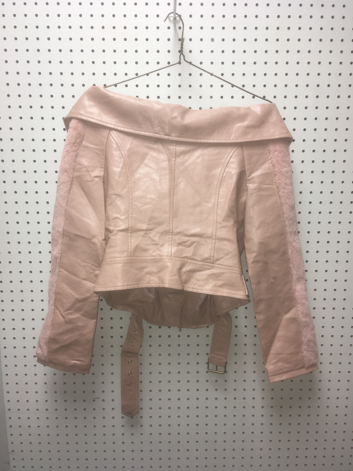 WOW Couture Faux Leather Off the shoulder biker jacket Pink , zip belt Size LRG