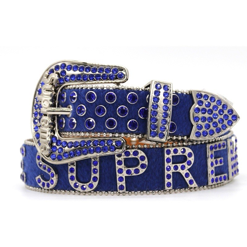Blue Rhinestone Studded Western Belt – Y2K Bling Cowboy Statement Belt